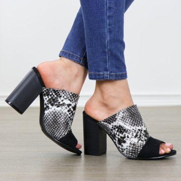 Snake Print Open Toe Slip on Chunky High Heel - Picture 2 of 8